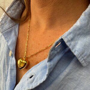 14K Gold Plated Heart Pendant Paperclip Necklace - Italian Made